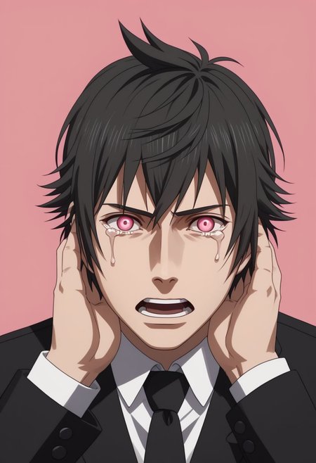 ffxv style,  1boy, male focus, solo, open mouth, hands on own face, tears, black hair, glowing, necktie, veins, pink background, simple background, looking at viewer, pink eyes, anime coloring, 2d, flat coloring, cel shading, cel shaded BREAK  PonyXLV6_Scores