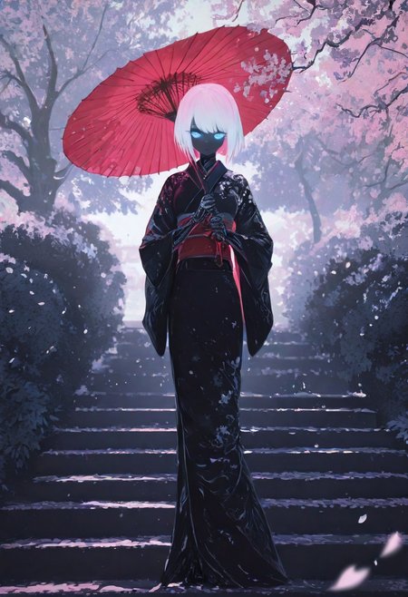 masterpiece, best quality, good quality, very awa, newest, highres, absurdres, 1girl, solo,  
Cherry blossom, 
 limited palette, sketch, glowing, psychedelic,
BREAK 
ambient occlusion, raytracing, soft lighting, blum effect, masterpiece, absolutely eye-catching, particles, glow, shining, intricate cinematic background, (beautiful face), looking seductive, coy. dynamic action image,  
BREAK 
masterpiece,amazing quality,best quality,ultra-detailed,8K,illustration,CG, ultra-detailed-eyes, detailed background,cute girl, eyelashes, erotic, petals falling, 
Cherry blossom, blurry foreground, branch
BREAK
(sexy, slutty, hot, aroused) 
Automaton, colored skin, robot girl, robot joints, white hair, blue eyes, short hair, metal_skin, barcode,
BREAK
 flower, outdoors, day, blurry, tree, petals, leaf, sunlight, plant, building, scenery, nature, blurry foreground, stairs, bush, wide shot, dappled sunlight, falling leaves, limited palette, kimono, holding umbrella,