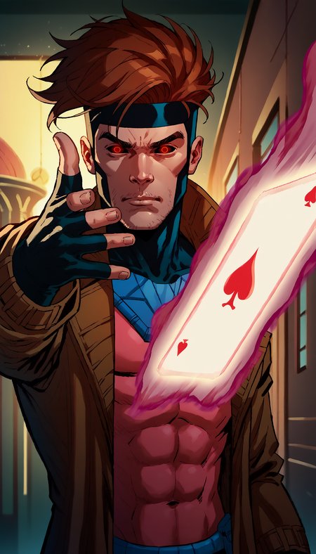 score_9, score_8_up, score_7_up, score_6_up, score_5_up, score_4_up, comic art style, dskheroes, EminemThrowingMeme, motion lines, motion blur, throwing, throwing card, Dsk_Remy_Lebeau, 1boy, bodysuit , auburn hair, black sclera, card, coat, colored sclera, fingerless gloves, gloves, glowing, headband, male focus, red eyes, solo, trench coat, magic, extreme light and shadow, upper body, detailed eyes, portrait photography, cinematic lighting, cinematic angle, <lora:Pony\random_characters\Gambit_X-men_97__Comics_PDXL.safetensors:0.8:0.8> <lora:Pony\details\Pony_DetailV2.0.safetensors:1.5:1.5> <lora:Pony\memes\EminemThrowingMeme_pdxl_Incrs_v1.safetensors:1.0:1.0> <lora:Pony\Style\Heroes_Style.safetensors:0.98:0.98>