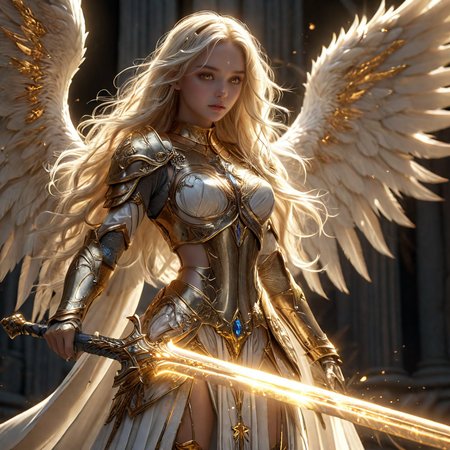 1beautiful angel girl,organic wires,detailed skin,metal skin,realistic,intense shadows,darkness,sun,sparks,bra,bracelet,white skin,(golden very long hair:1.5),sweet,<lora:FantasyKnightsHKStyle:0.8>,HKStyle,<lora:add-detail-xl:1>,<lora:DetailedEyes_V3:1>,glowing pupils(gold:1.5),[gold:cross:ivory],angel,palce,lens_flare,background light,((wings(metal, blades))),sword(stick in ground, scattered),full body,((((holy light)))),, (masterpiece),(best quality), wallpaper, extreme detail