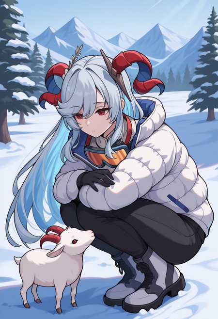masterpiece, best quality, newest, full body, solo, 1girl, fr3yjadef, expressionless, looking at animal, goat, squatting, hugging own legs, long hair, two-tone hair, grey hair, blue hair, hair ornament, red horns, goat horns, curled horns, red eyes, white jacket, down jacket, puffy long sleeves, black gloves, black pants, boots, ski goggles, goggles around neck, outdoors, day, nature, snow, tree, mountainous horizon
<segment:yolo-Anzhc Face seg 640 v2 y8n.pt,0.4,0.5//cid=1>
