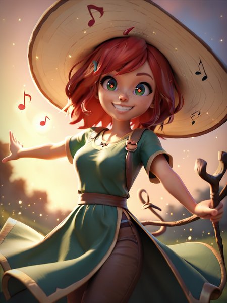 score_9, score_8_up, score_7_up, 1girl, cute girl, musical note, tunic, magical staff, red hair, big hat, epic pose, light smile, bright pupils, particles around, splash art, pants, looking at viewer, cowboy shot, dynamic pose, smile, cute, wide shot, solo, dutch angle,
 <lora:Smitty_style:0.85> SmittyXLP,