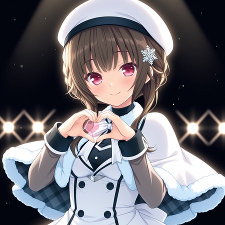 <lora:Amagamine_Renna_2_nai-000083:1>,Amagamine Renna,braid,snowflake hair ornament,
white headwear,white dress,fur trim,white capelet,fur-trimmed capelet,white ribbon,long sleeves,grey sleeves,
BREAK
1girl,solo,smile,solo,stage lights,dark,simple background,black background,glowing,light,front view,standing on one leg,heart,heart_hands,bust,upper body,depth of field,lens_flare,