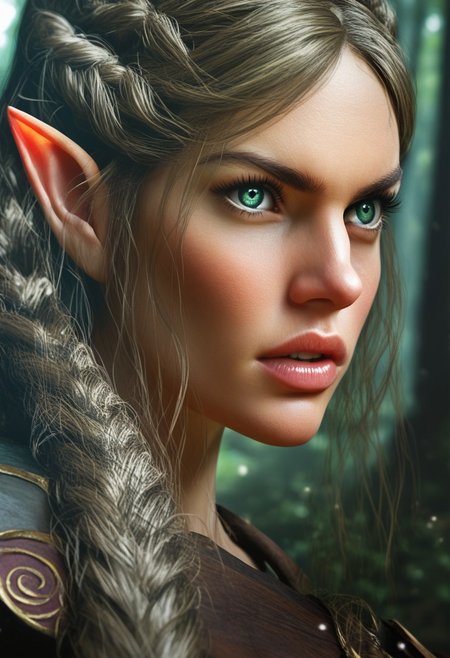 close-up portrait of a female elf, headshot, princess, battle, intense, epic. cinematic, magical, mysterious, forest, fantasy, realistic, detailed