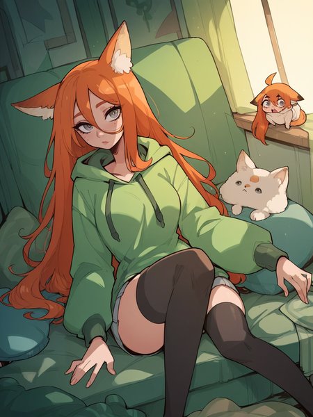 source_anime, score_9, score_8_up, score_7_up, score_6_up, score_5_up, thighhighs,  long hoodie, <lora:D4lm4uXLP:1> d4lm4u, 1girl, curvy, ginger hair, long hair, grey eyes, fox ears