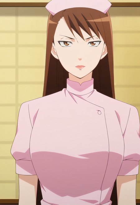 anime screencap,anime coloring,detailed face,masterpiece,best quality,very aesthetic,absurdres,volumetric lighting,official style,amazing quality,ultra detailed,highres,amazing quality,scenery,beautiful detailed hair,beautiful detailed eyes,1girl,solo,
nurse,brown hair,hat,nurse cap,long hair,<lora:Hanaka Mimi-IL V1:1>,Hanaka Mimi,1girl,brown eyes,looking at viewer,