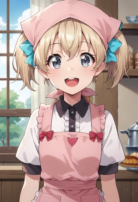 score_9, score_8_up, score_7_up, source_anime,latina, 1girl, smile, open mouth, blonde hair, shirt, bow, hair between eyes, twintails, :d, apron, short twintails, head scarf, pink apron, grey eyes
