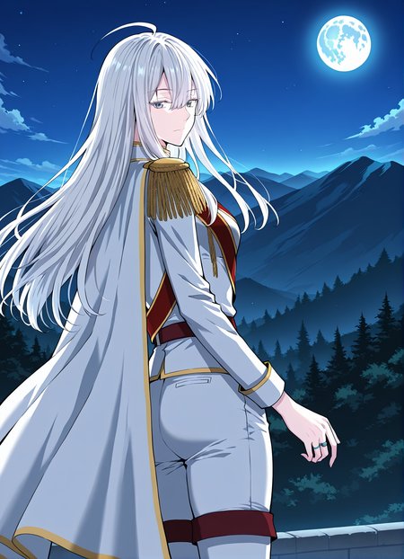 <lora:Varay_Aurae__The_Beginning_After_The_End__Illustrious:1>
1 girl, solo, grey eyes, white hair, long hair, bangs, pale skin, hair between eyes, ahoge, scar above right eye
military uniform, white cape, epaulettes, ring, jewelry, white pants, long sleeves, white thigh boots, thighhighs, high heels, belt, white jacket, red sash, 
score_9, score_8_up, score_7_up, source anime, BREAK, cowboy shot, (from side), looking back, looking at viewer, overlooking mountain, high altitude, scenery, exterior, background, (solo), night, blue moon