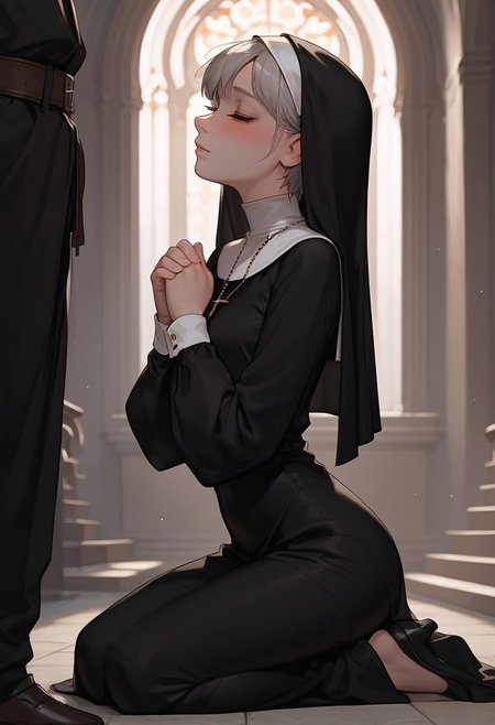 masterpiece, best quality, wallpaper, highly detailed, score_9, score_8_up, score_7_up, score_6_up, source_anime, (score_9, score_8_up, score_7_up), (vivid colours), g0thicPXL,
BREAK.
1girl,small breast,medium ass, ,blush, short silver hair, (messy silver hair), bangs,pale skin, medium breast, sexy face, glowing light,young, perfect body, fair skin, ((dark circles under eyes)), ((messy silver hair)), grey eyes,open eyes,(tired face), dynamic pose,indoors, (tired face),nun,sexy nun constume,praying, kneeling ,pale skin, blushing, closed eyes,medium closeup, from medium, profile view,1man, out frame, priest,between the legs, in front of her face
BREAK
(church), warm light