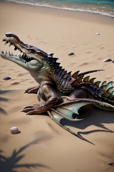 source_furry, score_9, score_8_up, score_7_up, (sahagin_xv, gator, monster), scalie, detailed scales, yellow eyes, detailed eyes, sharp teeth, elbow fins, claws, tail, <lora:FF_SahaginPony03:0.8>, outdoors, beach, full body, all-fours, lying on stomach, open mouth, side view, zPDXL2, zPDXLpg, zPDXLrl, shaded, best quality, highly detailed, extreme detail, photorealistic