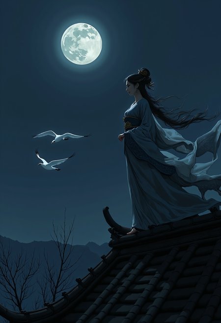 zhongfenghuaStyle, A beautiful traditional Chinese woman stands gracefully on the edge of a roof, her elegant silhouette outlined against the dark night sky. She gazes up at the full, round moon that illuminates the heavens with a soft, ethereal glow. Her delicate robes, embroidered with intricate patterns, flow gently in the night breeze, catching the faint light of the moon. In the distance, a flock of white cranes gracefully soars through the sky, their wings spread wide as they glide toward her, adding a sense of mysticism to the scene. The quiet, peaceful moment is filled with a sense of longing and timeless beauty, as the serene woman contemplates the vastness of the moonlit sky  <lora:zhongfenghuaStyle:1> <lora:Ethereal_EasternV2:0.4>