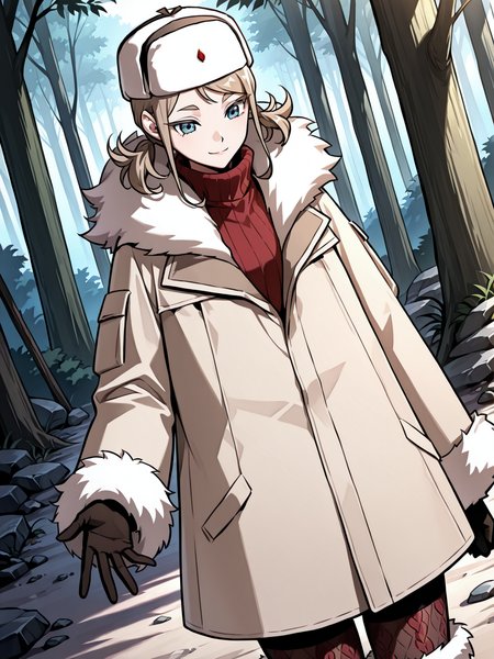 <lora:Omniscient_Readers_Viewpoint__Iris_Vladimirovna_Rebezova:1>
1girl, solo, light brown hair, short twintails, side hair strands, blue eyes, ushanka, 
beige winter coat, fur-trimmed coat, red turtleneck sweater, patterned tights, fur boots, thick gloves, white fur, winter hat, white hat with red gem, long sleeves, layered clothing, 
score_9, score_8_up, score_7_up, very aesthetic, source_anime, detailed, high quality, beautiful, masterpiece, detailed eyes, forest, tree, ruins, cowboy shot, dynamic angle, upper body, light smile, dynamic pose