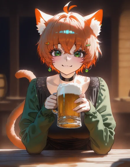 1girl, aoi nagisa \(metalder\), ningen mame, (nixeu:0.8), (yoneyama mai:0.8), pov across table, holding beverage, beer keg, medieval, european architecture, indoors, tavern, dark, dim lighting, short hair, orange hair, green eyes, ahoge, hairclip, earrings, medium breasts, cat ears, cat tail, orange tail,black dress, green sleeves, casual, black choker, looking at viewer, light blush, smirk, :3, masterpiece, best quality, newest, absurdres, highres, very awa,<lora:illustrious/character/ARankParty(Aparida)_NeneShifindle_IlluXL.safetensors:1.0>,
