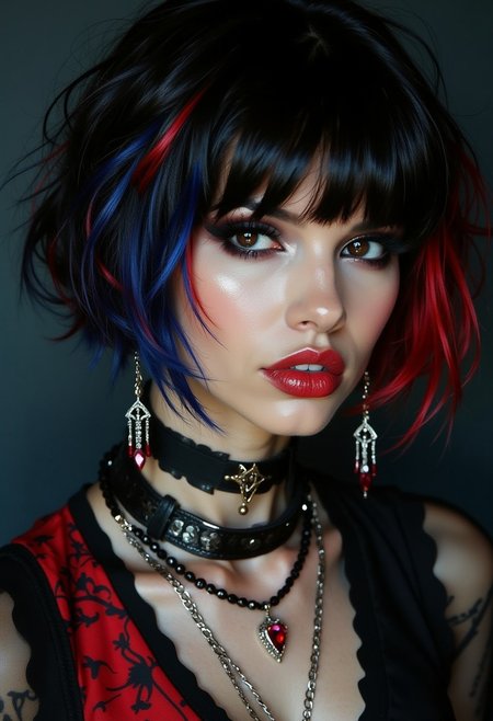closeup portrait of a goth woman, messy straight-cut cleopatra bob, bangs, multi-tone hair (black with red and blue highlights), long earrings, necklaces, heavy make-up, red lips, dark eyeshadow, dark background