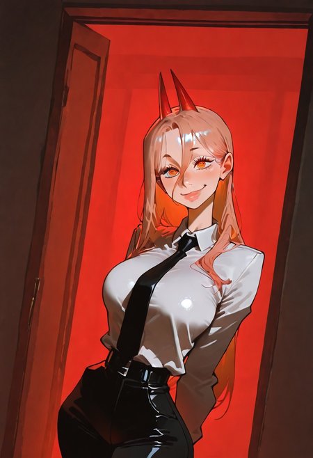 1girl, solo, power \chainsaw man\, long hair, ringed eyes, horns, white collared shirt, black necktie, black pants,
looking at viewer, smiling, closed mouth,
hiding, in macabre Cursed, moonlit hilltop,artist:Matsuba10,matumot,kim hyung tae,
dynamic angle, dynamic motion, creepy, horror,fenner, trippy,,absolutely eye-catching,,extremely detailed,, good composition, masterpiece, best quality, very aesthetic, very awa, absurdres, newest,
masterpiece, best quality, amazing quality, very aesthetic, absurdres, newest, , photorealistic,  <lora:incase_new_style_red_ill>, ExpressiveH,  red lights, red mood, shiny skin, black bra under clothes, beautiful lips, sexy lips, shiny lips,