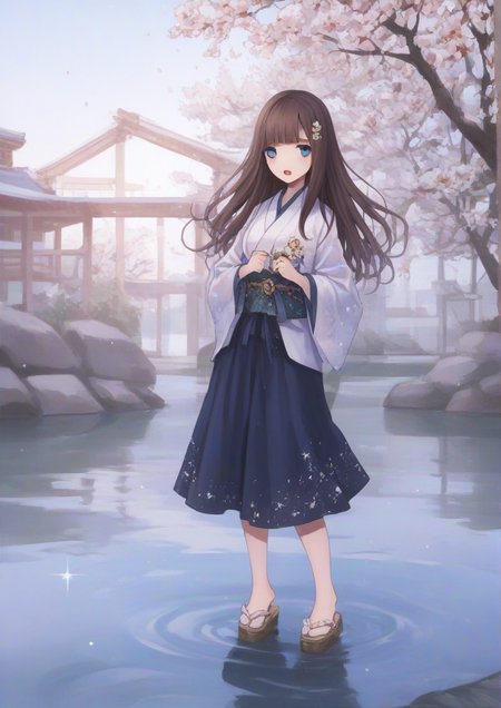 1girl,blue eyes, brown hair, company name, doll, full body, hair ornament, japanese clothes, long hair, open mouth, solo, sparkle, water <lora:æµ·åªã³ã¦_koh-minagi:1> zPDXL3