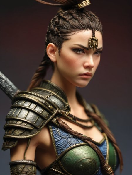resin material style, close up of female  warrior, high ponytail, determined expression, intricate armor,  half body,  <lora:è¶ä½¬V1:0.7>