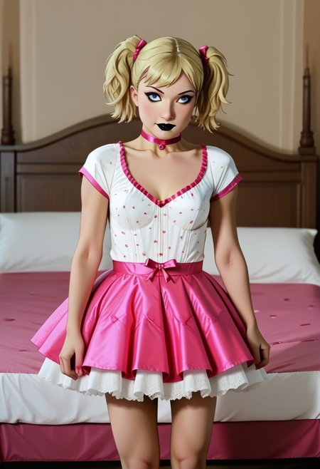 masterpiece, best quality, amazing quality, very aesthetic, high resolution, ultra-detailed, absurdres, 1girl, Harleybtas,1girl,solo,twintails,short hair, blonde hair, blue eyes, choker, black lips, medium breasts, Vendetta Outfit, bed, bedroom,