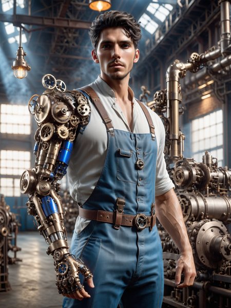 man wearing a ahirt and blue overall and mad-mecharm arm operation heavy machinery, steampunk clothing, steam, grease, busy factory, cinematic shot, dramatic lighting, masterpiece, best quality, ultra high res, (photorealistic, realistic:1.2), deep shadow, raw photo, film grain, Fujifilm XT3, 8k uhd, dslr)