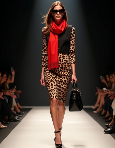 fashion catwalk, lighting, photo, 
Women wearing cheetah print business skirt,  sunglasses, red neck scarf,  black leather purse in hand