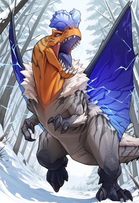 <lora:MH_Anjanath_a1_45_NoobXL-eps:1>,<lora:EatSleep1111StyleSDXL11:0.7>,<lora:merrytailSDXLstyle:0.3>,eatsleep1111,merrytail,masterpiece,best quality,amazing quality,high quality,very aesthetic,absurdres,newest,shaded,digital media \(artwork\),depth of field,solo,mhanjh,feral,detailed background,forest,three-quarter portrait,snow,orange head,grey body,striped markings,blue wings,blue nose horn,blue eyes,white fur,action pose,electricity manipulation,dutch angle,open mouth,