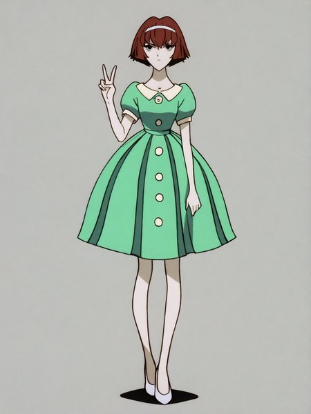 source_anime, score_9, score_8_up, score_7_up, anime screencap, 8k, absurd res, <lora:BigO_PDXLv1 Dorothy-000060:0.8> 1girl, solo, dorothy_greendress_(the_big_o), short hair, buttons, green dress, white hairband, black eyes, pale skin, simple background, v:1.3, full body, white footwear,
