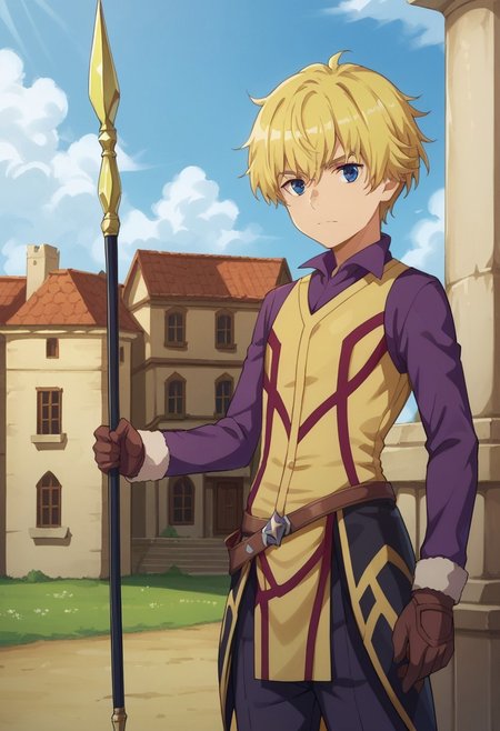 score_9, score_8_up, score_7_up, source_anime, highly detailed, 

deimne, 1boy, male focus, weapon, solo, blonde hair, polearm, gloves, brown gloves, holding, spear, 
fire aura, pyrokinesis, holding weapon, holding polearm, standing, blue eyes, looking at viewer,
pants, purple pants, closed mouth, shirt, purple shirt, tunic,

outdoor, building, medieval, sky, clouds,