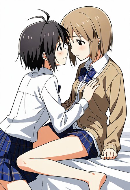 2girls, hagiwara yukiho, kikuchi makoto, idolmaster, yuri
 <lora:pony-imas-v1:1>