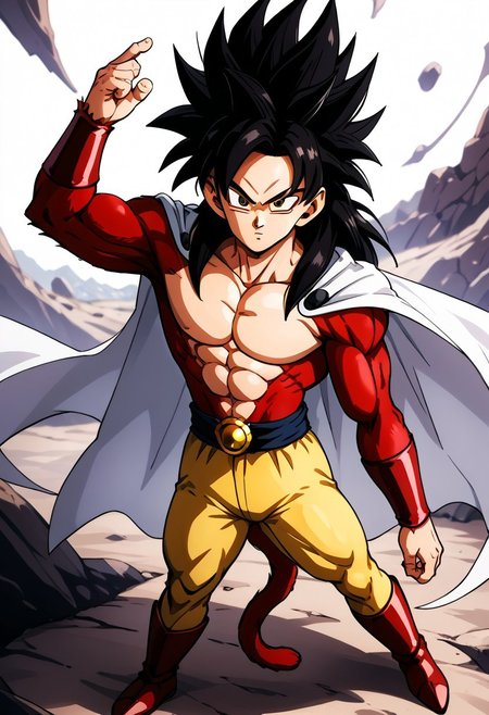 score_9, score_8_up, score_7_up, 1boy, muscular male, solo, saitama, yellow pants, red boots, white cape, brown eyes, abs, body fur, long hair, monkey tail, muscular, pectorals, red fur, ssj4, spiked hair, black hair, super saiyan, tail, full body, standing, detail1eye, good_hands,