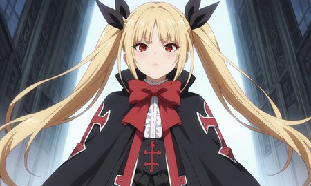 score_9, score_8_up, score_7_up, score_6_up, score_5_up, score_4_up, source_anime, anime screencap, masterpiece, insanely detailed, detailed background, zPDXL3, BREAK, RachelAlucardBB,1girl,solo,long hair,blonde hair,red eyes,red bow,ribbon,twintails,black hair ribbon,small breasts,frills,red bow,ghotic fashion,black capelet ,red cross pattern,black dress