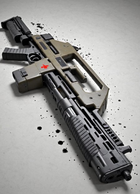 a m41apls rifle advertisement poster, iconic, abstract, flashy, text "Putting holes in Everything", bullet holes, massive destruction,
<lora:Armat_M41A_Pulse_Rifle_-_Aliens_SDXL:1>