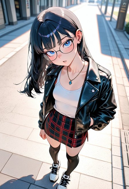 8K, best quality,masterpiece,amazing quality,ultra-detailed,delicate illustration, best shadows, very detailed, scenery, depth of field, volumetric,  cinematic perspective, hyper-realistic, masterpiece, best quality, amazing quality, highly detailed, very aesthetic, newest) , , sexy pose,
blushing, asian girl, small head, pretty girl, korean girl,
((slim body)), (small breasts), Dynamic angle, Dynamic pose, 
ear piercings, Nswf, ,,,,,
1girl, open black jacket, leather jacket, athletic sneakers, plaid skirt, black knee high socks, necklaces, blue eyes, dark hair, long hair, dynamic angle, from above, outdoors, standing, sidewalk, white tank top, parted lips, glasses, looking at viewer, head tilt, hand in pocket,
masterpiece, best quality, very awa, absurdres, highres, newest, very aesthetic, ambient occlusion, raytracing, 
 <lora:PowerPuffMixLora:0.8>,