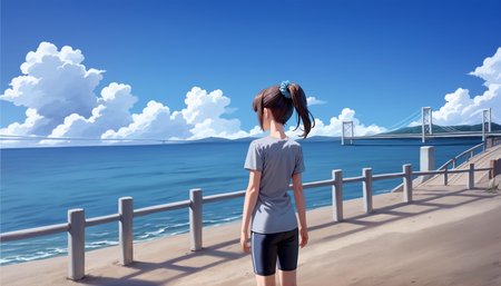score_9,score_8_up,score_7_up,
<lora:miiyamotoHikari:0.7>,miiyamotohikari,
1girl,solo,black hair,bangs,ponytail,blue scrunchie,brown eyes,grey t-shirt,tight clothing,cowboy shot,back view,outdoors,blue sky,sea,cloud,street,railings,distant large bridge,distant mountains,clear blue sky,soft clouds drifting,summer,perspective shot,beautiful landscape,figure positioned on the left side of the frame,