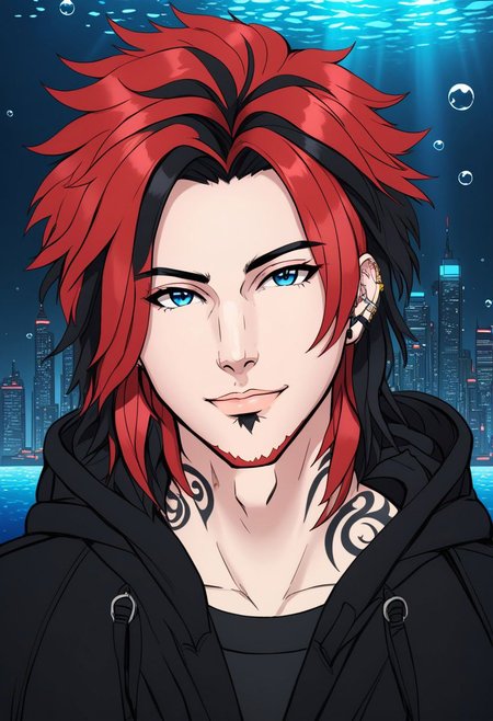 Duskfallcrew Art Style,  1boy,  male focus,  femboy vibes,  pale skin,  american,  long hair,  fluffy hair,  two tone hair,  red hair,  black hair,  hooded jacket,  tshirt,  portrait,  upper body,  tattoos,  friendly,  smirk,  clean shaven, ,  underwater,  air bubble, cityscape, , cyberpunk, soft lighting,  best illustration,  cinematic angle, cinematic lighting, masterpiece,  official art,