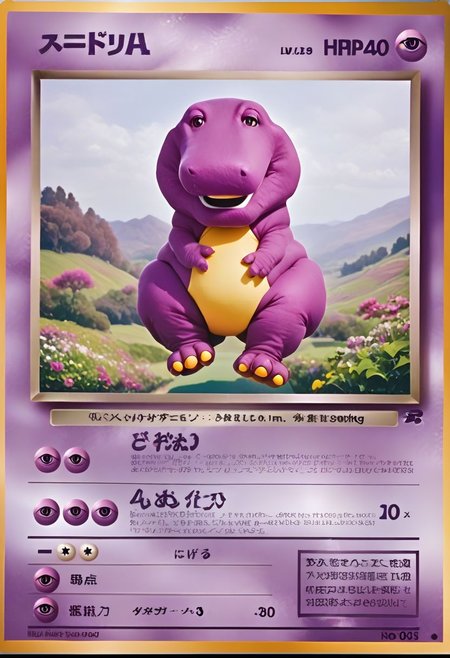 (psyc), detailed, pkmn, score_9, score_8_up, score_7_up, photo, absurdres, textbox, pkmkard, Barney the Dinosaur, purple skin, smile, floating, arms spread out