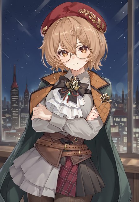 ClioAitePC, grey shirt, short hair, long sleeves, glasses, bags, beret, red headwear, round eyewear, brown eyes, red skirt, brown hair, brown pantyhose, black bow, jacket, corset, brooch, cape, collared shirt, ascot, belt, plaid, black skirt, puffy sleeves, pleated skirt, hair between eyes, vest, jacket on shoulders, white overskirt, 

looking at viewer, head tilt, crossed arms,
 
window, city, cityscape, dark, night, night sky,

1girl, solo, solo focus, highres, absurdres, light particles, shade, lens flare, shiny skin, fine fabric emphasis,