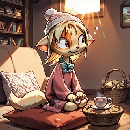 Dreamkeepers,1girl,Paige,solo,furry,tail,source_furry,blonde hair,
child, kid, 
Dressing a Cat in a Tiny Hat,
cat, knitted_hat, bowtie, cushion, living_room, sunlight, yarn, basket, slippers, teacup, bookshelf, ribbon , 
a cozy living room bathed in warm sunlight. You gently place a tiny knitted hat on your cat’s head, its ears twitching under the yarn. A bowtie hangs loosely around its neck as it sits on a cushion, blinking at you with mild confusion. Slippers shuffle nearby, a teacup steams on the bookshelf, and the cat’s regal, slightly puzzled look is pure cuteness
