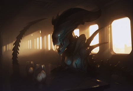 masterpiece, best quality, hyper-realistic, ultra-HD, luminous lighting, cinematic ambiance, shimmering gradients, ethereal glow, deep contrast, rich color tones, seductive atmosphere, captivating sensuality, Cinematic Lighting, 
BREAK 
raytracing, volumetric lighting, ambient occlusion, Background, xenomorph
BREAK
ryu, teal scales, eastern dragon horns, pointy ears, green eyes, long eyelashes, makeup, solo,
glass, see-through, skulls, portraits,
BREAK
A chilling scene unfolds in a dimly-lit industrial corridor, where the iconic xenomorph from the Alien franchise has cunningly concealed itself within an air duct. Its elongated, biomechanical form is contorted yet eerily poised, occupying the seemingly innocuous air vent. The slick, black exoskeleton, adorned with menacing ridges and a tail curled beneath it, blends seamlessly with the duct's shadowy interior. Only its distinctive dome-like head, partially open mouth revealing a set of inner jaws, pierces the veil of darkness. Glistening drool and the movement of its secondary jaws suggest a high state of alertness, ready to strike.
The xenomorph’s piercing yellow eyes reflect the flickering emergency lights of the corridor, hinting at its imminent intent. The vent's mesh serves as a sinister cage, unable to contain the creature's malevolent presence that emanates from every rivet and crevice. Tension swells as viewers anticipate the creature's imminent pounce, ready to unfurl from its hiding place. Surrounded by Alien eggs.