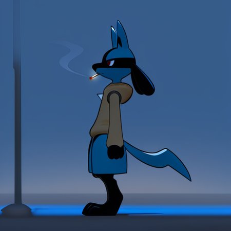 <lora:Inkune-09:1>inkune,
masterpiece,best quality,amazing quality, sfw,
BREAK
solo, lucario, pokemon (creature), male,
BREAK
1boy, displeasure expression, tired, hoodie,
standing, smocking, 
from side, fullbody, night, dark ambient, no illumination, cigarette light