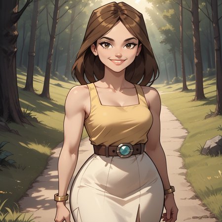 score_9, score_8, BREAK, solo, brown hair, lips, yellow sleeveless top, belt, white skirt, black high heel boots, yellow bracelet, breasts, total drama, Taylor_(Total_Drama), sexy pose, self portrait, smile, outdoors, sunlight, shadows, evening lighting, natural lighting, forest, trees, grass, orange sky, sunset