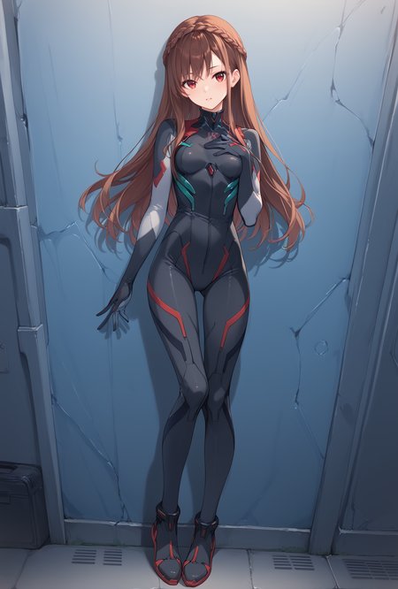 score_9, score_8_up, score_7_up, score_6_up, score_5_up, score_4_up,anime source,
 ensemble style,izumi(ensemble),1girl,brown hair,red eyes, long hair, braid,
 evasuit09,plugsuit, black bodysuit, 
against wall,on back,full body, looking at viewer,standing,  hand on own chest,  <lora:IzumiXLPony:1>,<lora:Evasuit09XLPony:1>