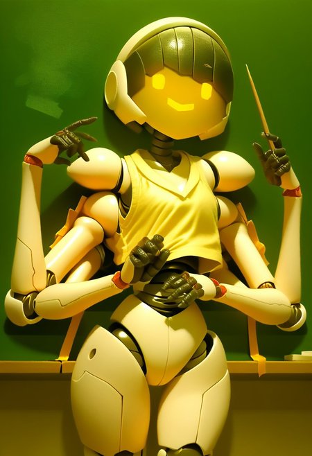 PonyScores7, robot, anime, humanoid robot, robot, robot joints, armor, robot girl, humanoid, digital eye, monitor face, digital nose, digital mouse, Body like a human,Robot Girl, Robogirl, SFW, anime style,  holding a stick, no face, brawn skin, screenface, simple face, screen head, mask, solo, 1girl, black hair, multiple arms, extra arms, anatomically correct, extra sleeves, bob cut, 
smile, Japanese classroom background, in front of the blackboard, like a teacher