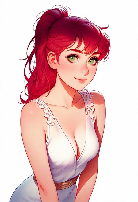 1girl, solo, 
natural red hair, ponytail, green eyes, detailed eyes, thin lips, medium breast,
looking at viewer, smile,
elegant clothes,
artist : tsuaii,
(((white background))), masterpiece, best quality, very aesthetic