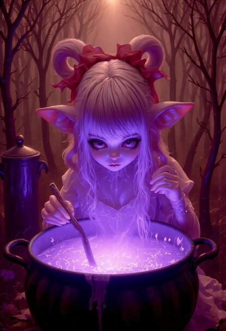 (An adorable version of a cute witch), [cowboy-shot, focused], [slender and toned figure], [long blonde hair up in a messy bun], brewing a love potion in a steaming cauldron, stirring the cauldron, [tiny pink hearts floating up from the bubbling liquid with the pink mist], [pale green eyes focusing on the cauldron], wearing a sundress, a cute witch's cottage background, [magical, dreamy atmosphere], [morning setting, soft whispers of a breeze], [a sense of enchantment] pinkchibihalloween, Glowing Steampunk Halloween, detailed drawing, swms   <lora:FLUX - Surreal_Photo (Glitter):0.7> <lora:FLUX - PinkieChibiHalloween ( pinkchibihalloween ):0.8> <lora:FLUX - HalloweenBoost ( aidmaHalloweenBoost ):0.8><lora:FLUX - SWMSF - Styles for FLUX ( detailed drawing, swms ):1>