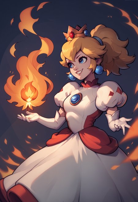 score_9, score_8_up, score_7_up, score_6_up BREAK solo,abstract background,IncrsPchFire, long hair, ponytail, elbow gloves, white gloves, white dress, puffy sleeves, puffy short sleeves, brooch, crown, jewelry, earrings,fire, fireball,palm up,grin <lora:PrincessPeach_XLPD:1>