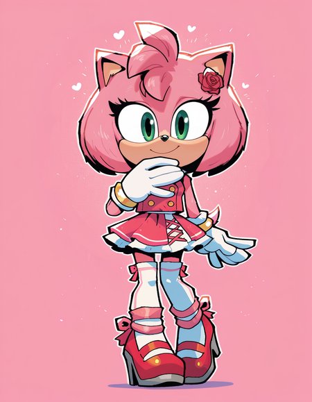 1girl, solo, full body, no humans,
<lora:Movie-Amy:1> movieamy, pink fur, green eyes, animal nose, body fur, hedgehog tail, petite, short legs, short hair, bob cut,
white gloves, <lora:rariatto-IL:1.0> rariatto,
idol outfit, double-breasted top, flared skirt, thighhighs, heels, rose hair clip, standing, hand over heart, soulful look, smile, heartfelt vibe, extremely detailed, highres, masterpiece, best quality