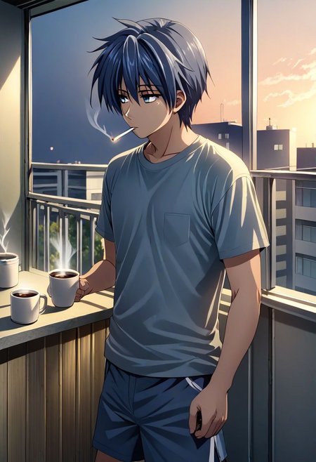 high resolution, solo, best quality, 1Boy, Tomoya Okazaki, Grey Blue Hair, home balcony, morning, cigarette, coffee, t-shirt, shorts, looking away, OverallDetail