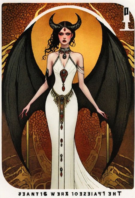 ((art deco)), art by Seb Mckinnon, beautiful woman in wedding dress, bride, black hair, crown of horns, (demon_wings), demon_tail, copper skin, jewelry, golden arc, crimson moon
