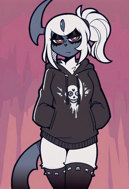 Masterpiece, best quality, aesthetic, high resolution, 1girl, anthro, solo, female, absol, tied hair,  colorful, emo, angey, bottomless, thighhighs, hoodie, dark eyeshadow, dark eye circles, ponytail, 
Vanripper