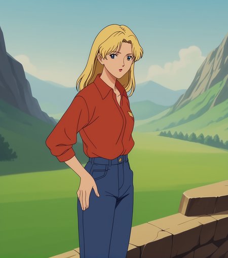 score_9, score_8_up, score_7_up, score_6_up, source_cartoon,  anime screencap, <lora:Heavy_Metal_Style-000007:1> Heavy Metal, 1girl, blonde hair, color background, outdoors, retro_artstyle,